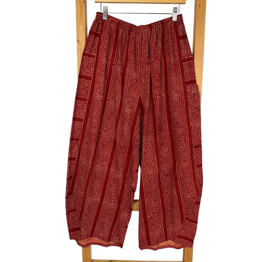 NWT Indion Multicolored Maroon Cream Elastic Waist Pants One Size